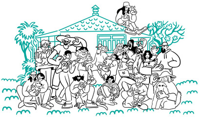  cartoon people in doodle style on the background of the house. joint portrait of family friends company team.design print advertising poster template.people in lines