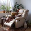 A cozy living room with a comfortable leather recliner