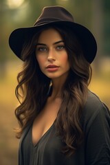 Wall Mural - young and pretty woman with a very elegant hat posing in front of the camera