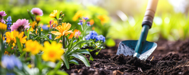 potting up spring flowers in the garden