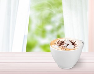 Wall Mural - Tasty hot coffee cappuccino with milk in cup