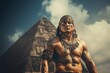aztec man standing in front of a pyramid