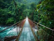Suspension bridge spans rapids in lush rainforest, ideal for thrilling activities