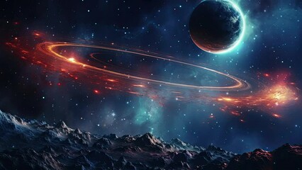 Wall Mural - a flight over an unknown planet to the burning rings of the belt of a new galaxy. galaxy and nebula.