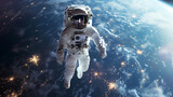 Fototapeta Kosmos - Intrepid spaceman in spacesuit becomes solitary figure in the boundless realm of space against Earth