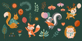 Fototapeta Pokój dzieciecy - Cute forest animals with balloons. Bright vector illustration in hand-drawn style. Deer, squirrel, skunk, hedgehog and fox in cartoon flat style. Collection for postcards, banners, posters, print. Set