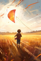 Illustration of a child playing with a kite in a field