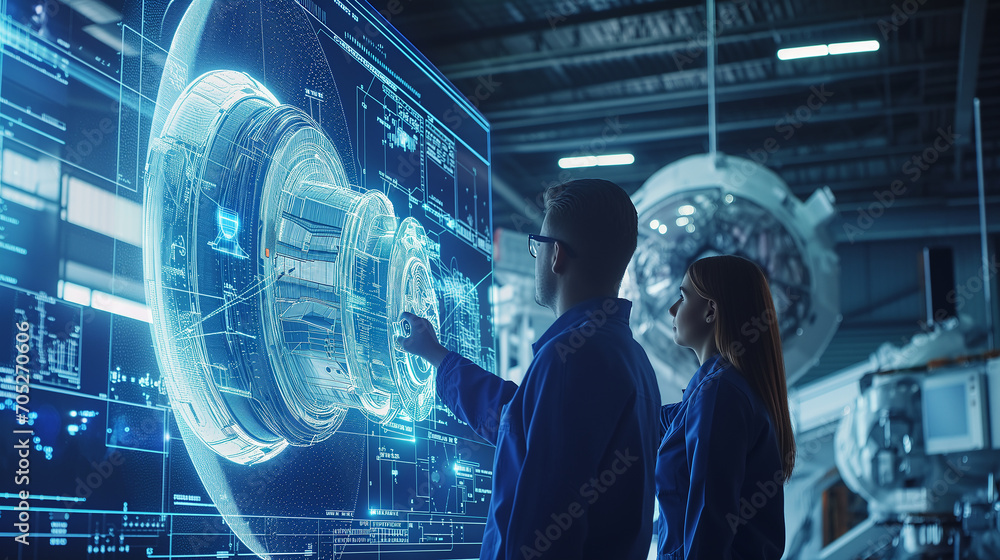 Team of engineers in high-tech facility studying holographic satellite ...