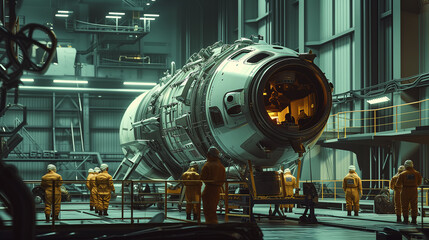 Wall Mural - Team of skilled engineers in high-tech aerospace facility crafting a powerful rocket
