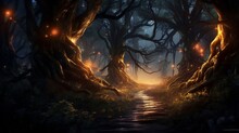A Twisted Forest Path, Illuminated By The Soft Glow Of Fireflies And Haunted By Ghostly Whispers In The Chilly Air.