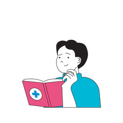 Aufkleber - Medical concept with cartoon people in flat design for web. Doctor reading medicine book and searching information for diagnosis. Vector illustration for social media banner, marketing material.