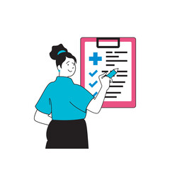 Aufkleber - Medical concept with cartoon people in flat design for web. Woman works as doctor and making notes in patient information record. Vector illustration for social media banner, marketing material.