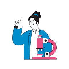Aufkleber - Medical concept with cartoon people in flat design for web. Woman working with microscope in laboratory and making scientific tests. Vector illustration for social media banner, marketing material.