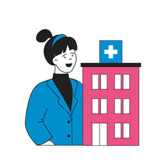 Aufkleber - Medical concept with cartoon people in flat design for web. Woman working as doctor in hospital, diagnosis and treating patients. Vector illustration for social media banner, marketing material.