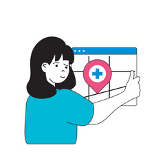 Aufkleber - Medical concept with cartoon people in flat design for web. Woman works as nurse, consulting patients, giving location address at map. Vector illustration for social media banner, marketing material.