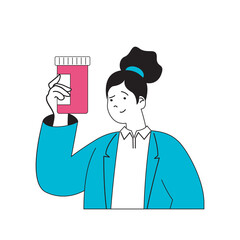 Aufkleber - Medical concept with cartoon people in flat design for web. Woman works as pharmacist, consulting patients about pills in pharmacy. Vector illustration for social media banner, marketing material.