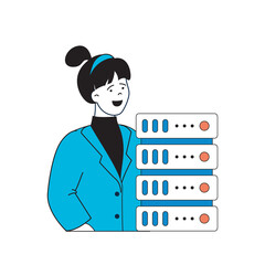 Fototapete - Programming concept with cartoon people in flat design for web. Woman working as tech engineer and monitoring of server rack room. Vector illustration for social media banner, marketing material.
