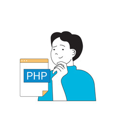 Aufkleber - Programming concept with cartoon people in flat design for web. Man working with php code, engineering products and makes optimization. Vector illustration for social media banner, marketing material.