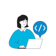 Fototapete - Programming concept with cartoon people in flat design for web. Woman creating program code and scripts, working in IT company online. Vector illustration for social media banner, marketing material.