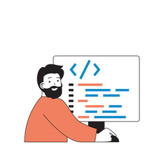 Fototapete - Programming concept with cartoon people in flat design for web. Man working with program code and scripts on computer screen in agency. Vector illustration for social media banner, marketing material.