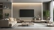 Realistic 3D render flat screen smart tv in modern luxury living room with elegant beige leather couch sofa. Mock up, Templates, Technology, Streaming, Media, Entertainment, Background, Lifestyle, Bri