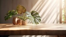 Wooden Table Counter Top With Green Tropical Plant Leaf And Beautiful Sun Light And Shadow On Beige Wall For Luxury Beauty, Organic, Health, Cosmetic, Jewelry Fashion Product Display Background, Brigh