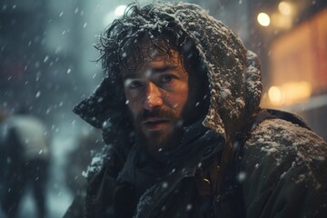 man wrapped in winter clothes under the snow storm