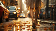 Woman walking on city street at sunset, fashionable shoes and stylish long legs in focus
