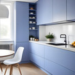 Beautiful bright calm kitchen interior detail with soft periwinkle cornflower blue cabinets with minimal modern furnishing 