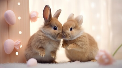 Wall Mural - Two cute rabbits love. Friendship with the Easter Bunny. Happy rabbit.Generative AI