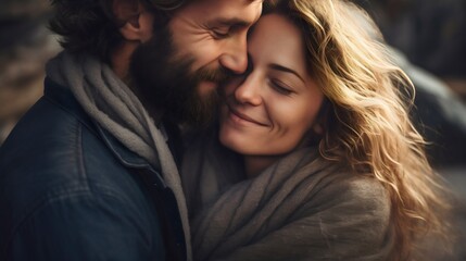 Mature bearded husband man and his beautiful wife woman with blonde hair hugging and smiling. Happy family, lovely couple, male and female spouse in marriage, love and affection, pair romance