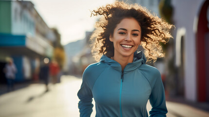 Wall Mural - A beautiful young woman or girl with curly brunette hair jogging early in the morning sunrise, city streets, wearing a blue sport tracksuit, joyful and happy, living a healthy and active lifestyle