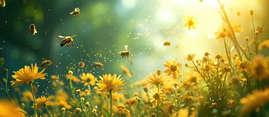 Wall Mural - The flowers bloom beautifully, honeybees float, it's stunning with green nature, open sky, and shining sun.