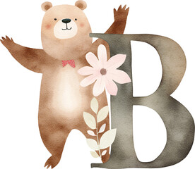 Aufkleber - Letter B with bear illustration created with Generative AI technology