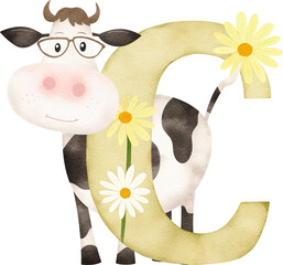 Aufkleber - Letter C with Cow illustration created with Generative AI technology