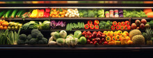 Fruits And Vegetables On Store Shelves.Generative AI