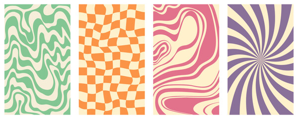 Wall Mural - Groovy hippie 70s vector backgrounds set. Chessboard and twisted patterns. Backgrounds in trendy retro trippy style. Twisted and distorted vector texture in trendy retro psychedelic style