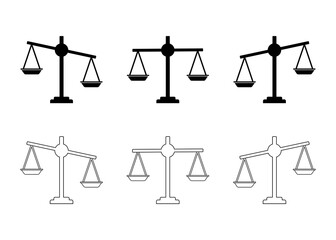 Scales of justice icon. Court of law symbol. Vintage scale in balance and equilibrium. Vector icons