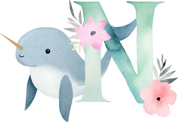 Aufkleber - Letter N with narwhal illustration created with Generative AI technology