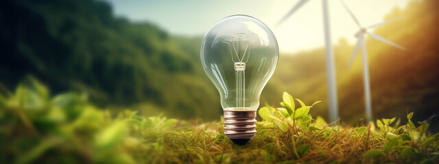 light bulb on natural landscape and wind turbines.