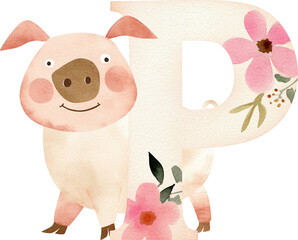 Aufkleber - Letter P with pig illustration created with Generative AI technology