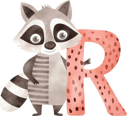 Aufkleber - Letter R with raccoon illustration created with Generative AI technology