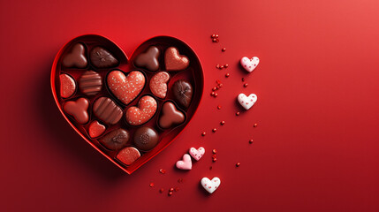 box with candies in the form of a heart on a red background