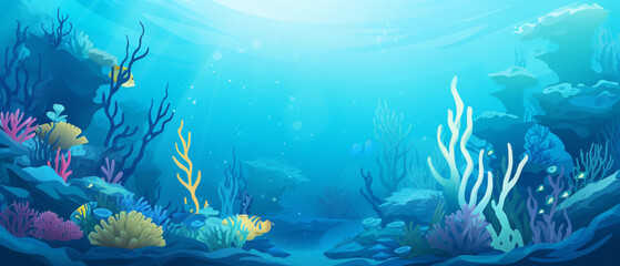 Vibrant underwater ecosystem teeming with diverse marine species against a backdrop of oceanic tranquility.