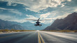 A helicopter with multiple propellers flying above an empty roadway near mountains is a symbol of freedom and possibility. ai generated.