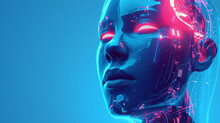A Futuristic Illustration Of A Cyborg Character's Human Face Glowing In Blue Neon Colors Against A Blue Background Is A Vision Of The Future. Ai Generated.