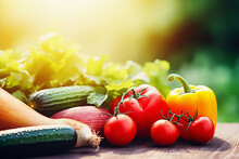 An Agricultural Setting With A Variety Of Crops Growing In A Greenhouse, Including Vibrant Green Cucumbers And Ripe Red Tomatoes And Peppers.
