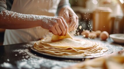 A person making a stack of pancakes on top of a table, AI