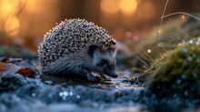 Hedgehog Crossing A Small Stream, Water Droplets Glistening On Spines