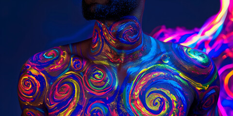 Wall Mural - swirls body painting, male model, intricate swirl patterns in vibrant colors on chest and arms